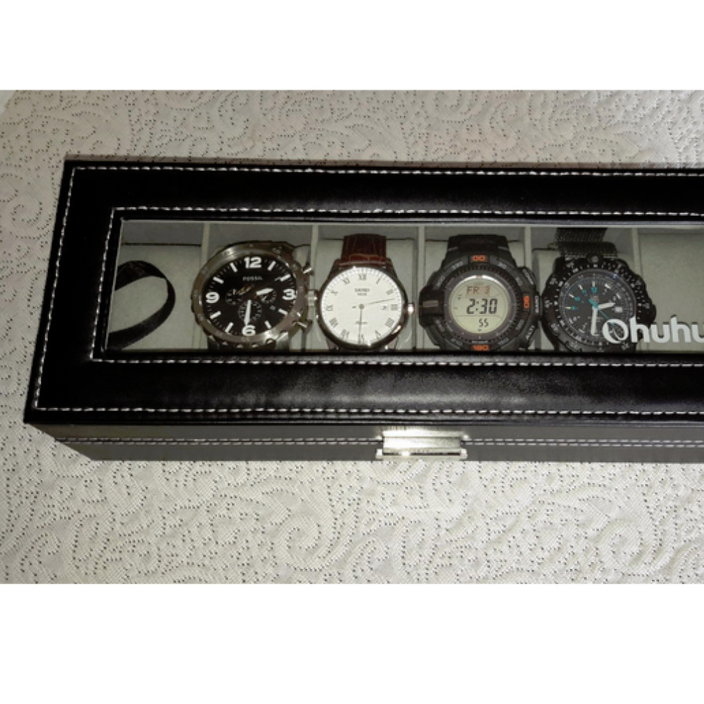 NEW MENS LEATHER 6 SLOT ORGANIZER WATCH BOX - Picture 4 of 4
